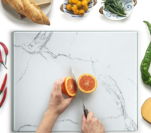 Kitchenville Planche à Découper 50×40 cm en Verre Trempé – Plaque en Verre pour Cuisine, Durable, Résistante aux Rayures et à la Chaleur – Protection de Plan de Travail – Effet Marbre Blanc