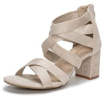 Rodawu Women's Ankle Strap Mid Chunky Heel Pump Bridal Wedding Shoes Size 5.5 Nude