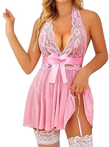 iSpchen Lingerie sexy in pizzo con scollo a V, Colore: rosa., XL