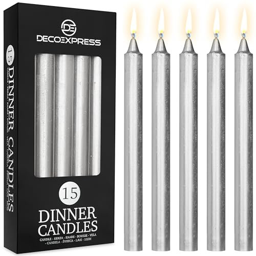 DECO EXPRESS Stabkerzen Kerzen Set 15er Pack Handgemachte Rustik Kerzen Geruchslos Lange Brenndauer bis zu 9 Stunden Tropffreie Tafelkerzen (Silber - 15 Pack)