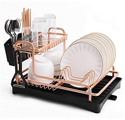 GHBSDNEPP Kitchen Storage Rack 2 Tier Aluminum Stand Dish Drying Rack Kitchen Organizer Drainer Plate Holder Cutlery Storage Shelf Sink Accessories Drain for Kitchen, Bathroom, Office/2 Tier Rose Gold