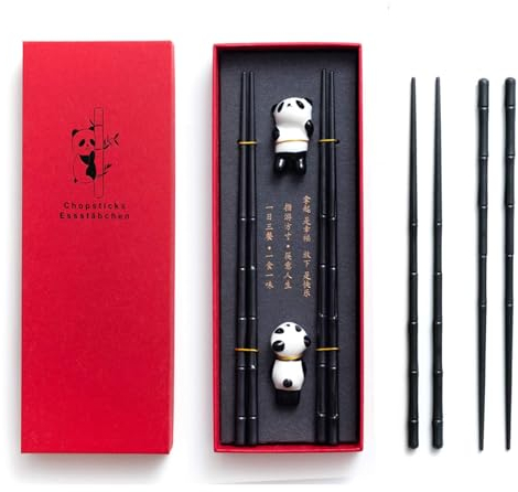 Achkey 2 pares de palillos con 2 palillos de cerámica de panda chinos, reutilizables de fibra de vidrio aptos para lavavajillas, palillos antideslizantes de 24 cm en caja de regalo a juego