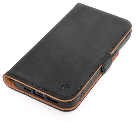 PORTER RILEY - Leather Case Compatible with iPhone 16 Pro Max. Premium Nubuck Genuine Leather Stand/Cover/Wallet/Flip Case with Card Slots & Horizontal Stand (Black, Tan)