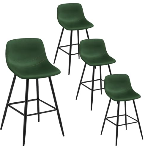 EUGAD Tabouret Bar, Lot de 4, Chaise de Bar, avec Dossier, Chaise Haute Cuisine, Tabouret de Bar en Velours, Siège Rembourré, avec Repose-Pieds, Pieds en Métal, Vert foncé, 1089BY-4