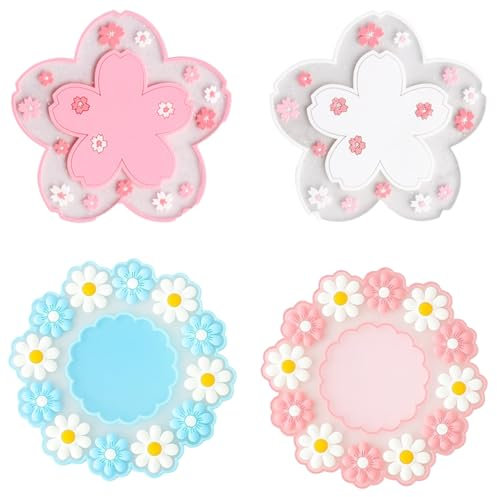 Lot de 4 sous Verres en Forme Fleurs Cerisier PVC Silicone,Dessous de Verre en Motif de Sakura,Antidérapants Lavable sous Verre Marguerite