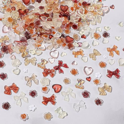 Resin Nail Charms 400PCS - Multi Shapes: Flower, Bow, Bear, Moon, Heart Nail Art Decorations DIY Crafts, Jewelry Accessories (Orange)