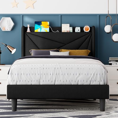 Feonase Twin Size Bed Frame with Charging Station, Upholstered Linen Platform Bed Frame with Wingback Headboard, Solid Wood Slats Support, No Box Spring Needed, Noise Free, Black
