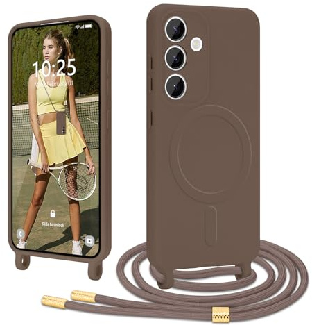 Ethanger Handyband für Samsung Galaxy S24 Hülle mit Band, Braun | Kompatibel mit Magsafe, Flüssig Silikon Necklace Handyhülle, Magnetische Schutzhülle zum Umhängen Kordel