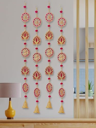 ZIG ZAG Pack of 4 Handmade Lotus Wall & Door Hangings with Bell –, Ideal for Home, Diwali, Pooja, Wedding & Festival Decor (36 Inches, Pink)