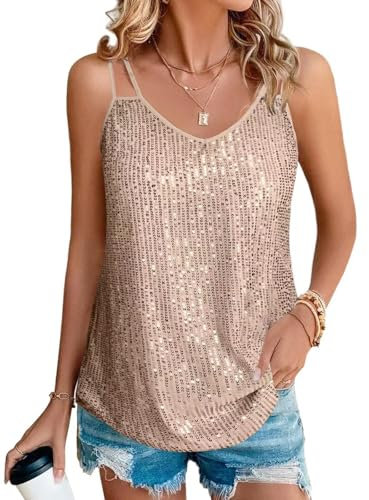 Suncife Damen Pailletten Oberteil Tank Glitzer Top Glitzertop Party Frauen, Gold, XL