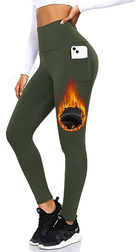 ACTINPUT Thermo Leggings Damen Gefütterte Thermoleggins High Waist Thermohose Winter Warme Sportleggins Strumpfhosen Yogahose Laufhose Sporthose mit Taschen(Armee Grün,L-XL)