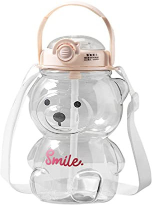 Botella de agua de dibujos animados con pajita a prueba de fugas, taza de agua de oso para niñas, botella de agua de 1000 ml para fitness