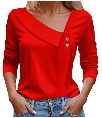Cocila Hauts à Col AsyméTrique pour Femmes Manches Longues Boutonné Chemisiers en V Travail DéContracté Chemises HabilléEs 2025 T Shirts pour Femmes Manches Longues Noir T Shirt