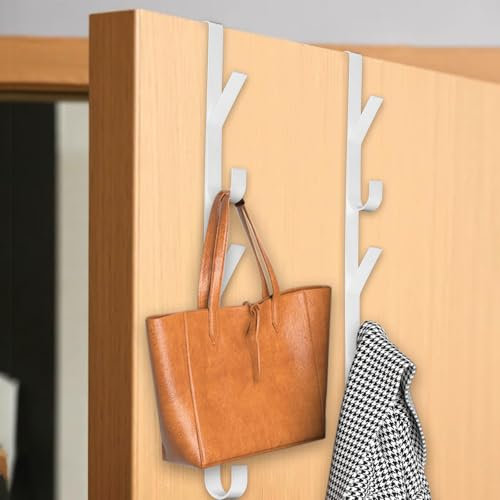 VEGCOO 2 Pcs X 5 Over Door Hooks, Vertical Metal Over Door Hook, Over Door Hanger, Hang Clothes, Hats, Bags (2, White)