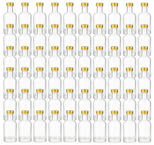 gouveo Lot de 60 mini bouteilles rondes en verre de 50 ml avec bouchon à vis doré à fond épais et goulot étroit Idéal pour liqueurs, huile, échantillons, cosmétiques (KFT050G)