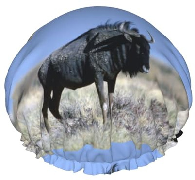 Wasserdichte Duschhaube mit Gummiband, doppellagige, wiederverwendbare Duschhaube für Damen,Gnu-Grashorn