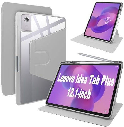 Lemxiee PU Leather Cover for Lenovo Idea Tab Plus 12.1 Case with Swivel stand & Pen slot position,PU leather + Transparent Acrylic