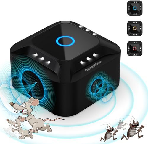 Ahuyentador de Ratas de Interior 360°, Repelente Ratas con 12 Luces Estroboscópicas LED y 2 Ondas de Radio, Repelente Ultrasónico, 3 Modos Repelente Cucarachas para Casa, Ratones, Ático