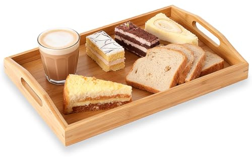 Wooden Tray, Bamboo Trays with Handles, for Dinner, Tea, Bar, Table, or Breakfast（45 x 33 x 5cm）