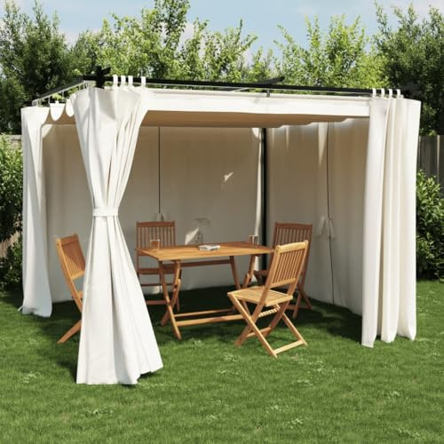 Qnhdfrt Pavillon 3x3 m mit Vorhängen aus Stahl und Polyester Creme Anthrazit Sonnenschutz und Insektenschutz für Garten Balkon und Camping