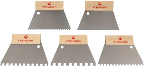 STEINBURG – „Aufstreichspachtel-Set 180 mm“ mit Zahnungen 4×4, 6×6, 8×8, 10×10 mm & Glattblatt | Hergestellt in Deutschland | Inhalt: 5 Spachteln mit Holzgriff & rostfreiem Blatt