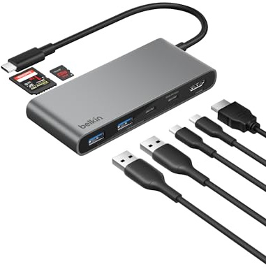 Belkin USB C Hub, 7-in-1 Docking Station, 4K bei 60 Hz, SD, MicroSD, 100 W Power Delivery, 5 Gbit/s Datentransfer, USB-C Adapter für MacBook, iPad Pro, Chromebook usw., Verbessertes HDMI 2.0 – Grau