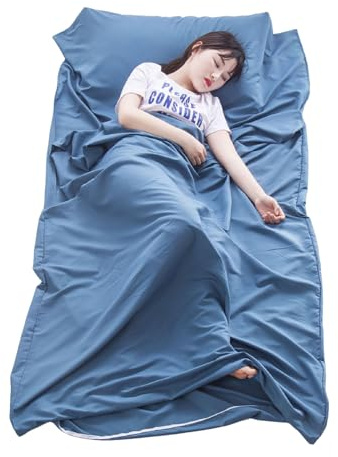 Xynovate Hüttenschlafsack aus Baumwolle, 2in1 Hüttenschlafsack Ultra leicht mit Reißverschluss, Dünner Reiseschlafsack, Schlafsack Inlett für Backpacking, Hostels und Berghütten,Blau