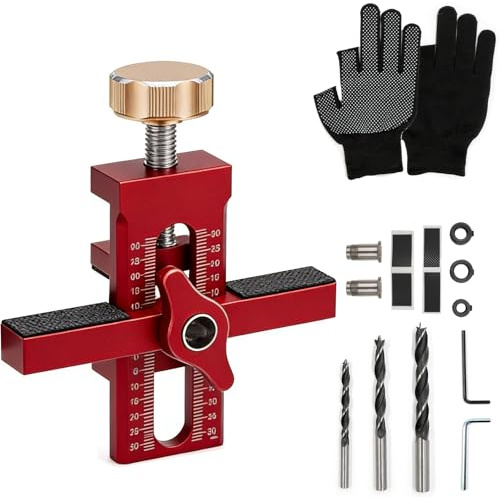 Anhoer Cabinet Door Installation Jig, 2-in-1 Adjustable Aluminium Alloy Mounting Clamp, Labour-Saving Hinge Positioning Tool for Kitchen Cupboards & Woodworking, Red