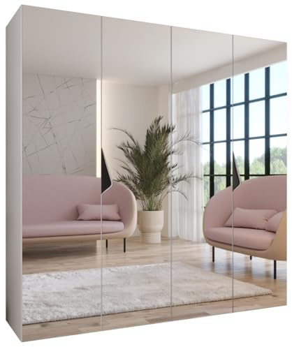 MEBLE KRYSPOL - Kleiderschrank - Garderobenschrank - 200 cm x 202 x 52 cm - Schrank mit Kleiderstange und Spiegel, 4 Türen - für Schlafzimmer, Flur - SANDI, Weiß, Griff Schwarz