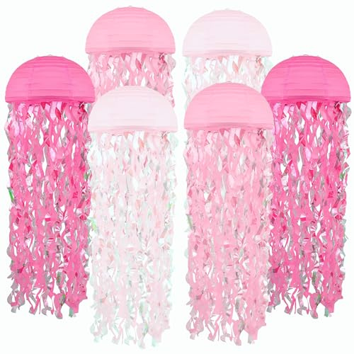 6 Stück Quallen Papierlaternen Ozean Lampions - Lampenschirm Unter dem Meer Geburtstag Deko, Meerjungfrau Ozean Thema Party Lieferungen, Partydekorationen für Geburtstag Feier (Rosa)