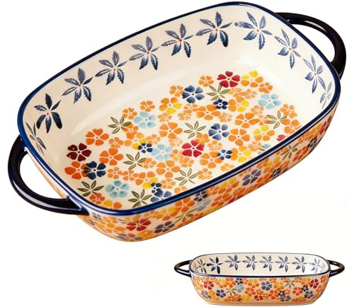 Keramik Auflaufform 23,5 x 13 x 15 cm, Rechteckig, 730ml Lasagneform mit Griff, Farbiger Backform für Bread, Pasta, Lasagna, Backofen und Mikrowellen