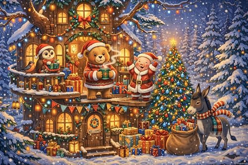 Weihnachts-Baumhaus-Party Puzzle 1000 Teile Erwachsene & Kinder,Karton,Knifflig,Geschenk,Premium,Geduldsspiel,Wanddeko,Lernspiel,ab 14 J.,Anti-Stress,Herausforderung 70x50cm
