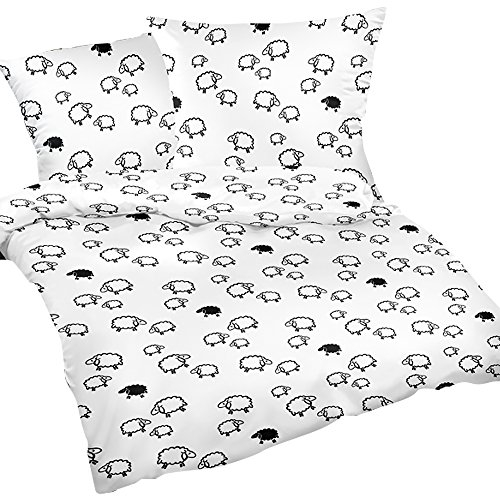 Heubergshop 2.TLG Seersucker Bettwäsche 135x200cm und 80x80cm - Schafe Weiß Schwarz - 100% Baumwolle (099/2)