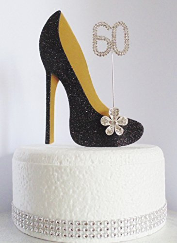 60th Black Birthday Cake Decoration Shoe with Gold Sole and Crystal Flower Button Embellishments and Diamante Number Non- Edible (Black Gold 60)
