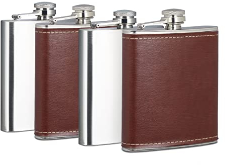 Relaxdays 4X Flachmann 200 ml, 2 Taschenflaschen mit Kunstleder Hülle, 2 kleine Flachmänner aus Edelstahl, für unterwegs, Silber
