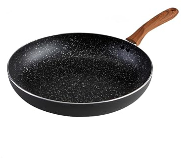 Imusa USA IMU-91704 - Sartén de piedra negra con mango antiadherente y aspecto de madera y mango antiadherente, aluminio, Woodlook