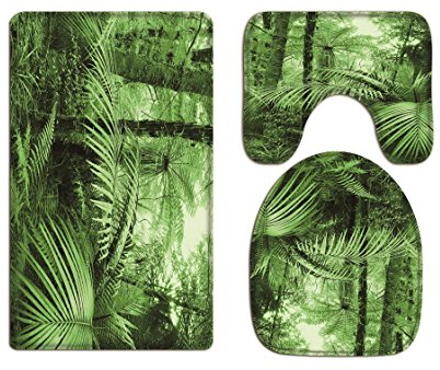 A.Monamour Badezimmer Badematte 3 Teilig Set Tropische Palme Blatt Grün Wald Wild Dschungel Landschaft Teppich Für Toilettenartikel Flanell Saugfähig Badteppiche Badvorleger Badgarnitur WC Vorleger