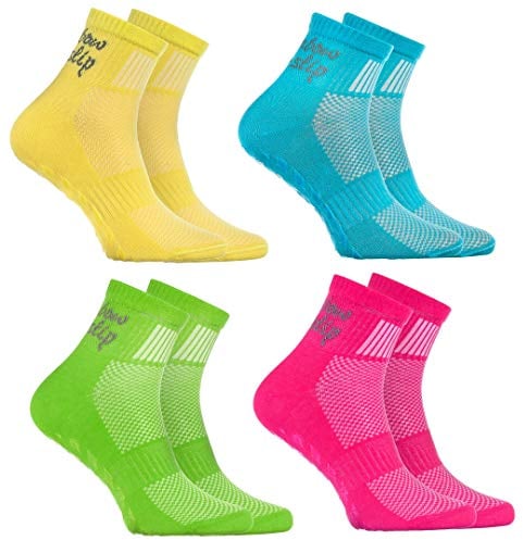 Rainbow Socks - Jungen Mädchen Sneaker Baumwolle Antirutsch Sport Stoppersocken - 4 Paar - Gelb Türkis Grün Rosa - Größen 30-35