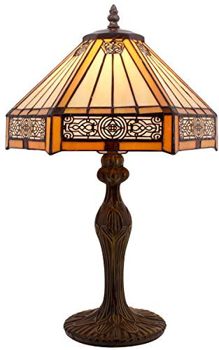 WERFACTORY Tiffany Lamp Yellow Hexagon Stained Glass Mission Style Table Lamp Desk Bedside Reading Light 12X10X18 Inches Decor Bedroom Living Room Home Office S011 Series.