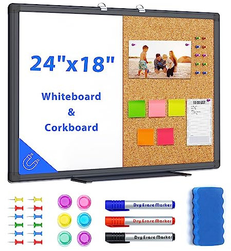 Kombination aus Whiteboard und Pinnwand, Korkbrett, 61x45.7 cm, magnetisch, trocken abwischbar, mit schwarzem Aluminiumrahmen, 61x3.8 cm hängendes Nachrichtenbrett, Büro, Klassenzimmer