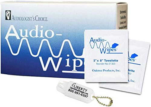 Audio-Wipes Individual Cleaning Towelettes - Box of (30 Wipes) Hearing Aid Cleaning Wipes Towelettes Individually Packaged and Liberty Hearing Aid Battery Keychain
