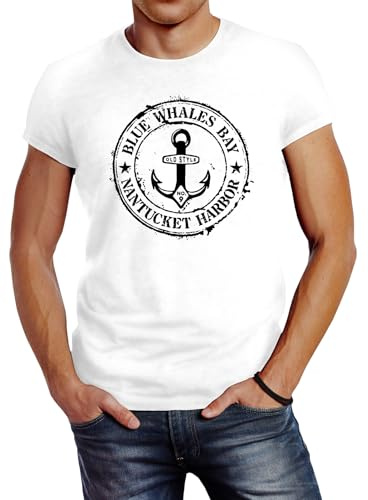 Neverless® Herren T-Shirt Anker Motiv maritim Retro Badge Vintage Anchor Print Weiss M