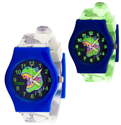 Kiddus Kinderuhr für Kinder, Jungen und Mädchen, Analog Armbanduhr, erste Kinderarmbanduhr ab 5 Jahre, Uhr Buben Vorschule T-Rex Dunkeln leuchten