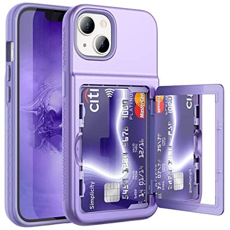 WeLoveCase for iPhone 13 / iPhone 14 Wallet Case with Credit Card Holder & Hidden Mirror, Two Layer Shockproof Heavy Duty Protection Cover Protective Case for iPhone 13/14 6.1 Inch - Purple