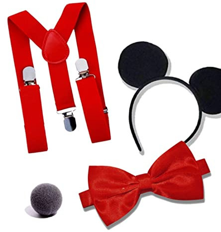 Dreamzfit - Adult Men's Mickey Mouse Fancy Dress Costume Kit ~ Black Ear Headband, Nose, Red Braces & Bow Tie - Hen Stag Night Fun Carnival Cosplay Theme Party Outfit Accessories