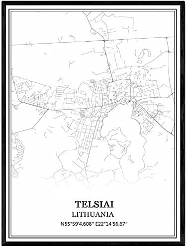 Decoration Murale Salon, Telsiai Lituanie Carte Photos Murales Impressions Affiches Noir Blanc Peintures Art Rectangle Pop Murals Œuvres D’Art Pour La Décoration Intérieure, 50X70Cm / 19.68X27.55