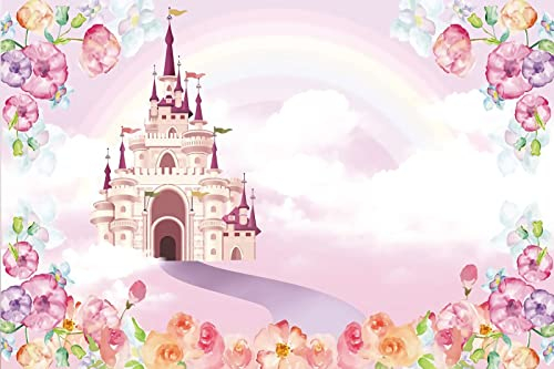 Renaiss 2.2x1.5m Rosa Schloss Hintergrund Blumen Regenbogen Wolke Märchen Fotografie Hintergrund Baby Dusche Prinzessin Kinder Mädchen 1. Geburtstag Party Dekor Banner Photo Booth Studio Requisiten