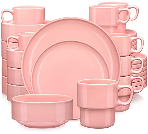 LOVECASA Juego de Vajillas Redondos de 32 Piezas, Vajilla de Porcelana, Cada Una con 8 Cuencos, 8 Tazas, 8 Platos de Postre y 8 Platos de Cena, Rosa