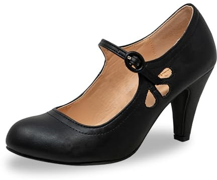 Chase & Chloe Kimmy-21 Damen-Pumps mit rundem Zehenbereich, durchbohrt, mittelhoher Absatz, Mary Jane Stil, Schwarzer PU-Komfort, 38 EU