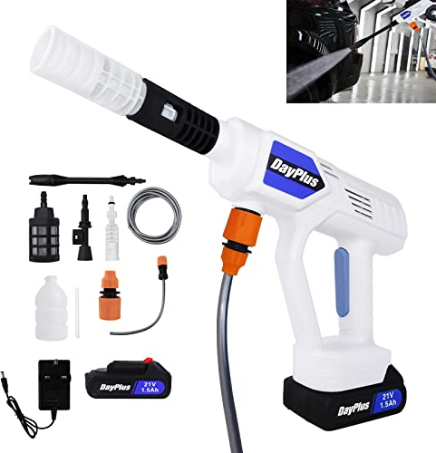 Idropulitrice a batteria senza fili da 21 V con caricabatterie ricaricabile e accessori Idropulitrice portatile con 2 giunti a sgancio rapido e tubo da 5 m per uso domestico all'aperto